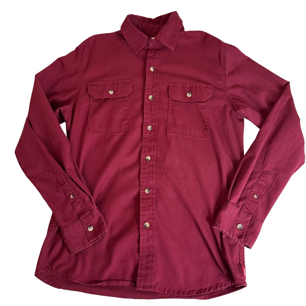 Wrangler Mens Long Sleeve Button Down Shirt Burgundy Maroon Twill Medium